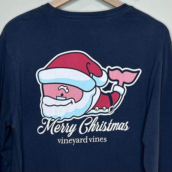 Vineyard Vines Blue Pocket T-Shirt Size S Long Sleeves Santa Merry Christmas - Picture 7 of 9